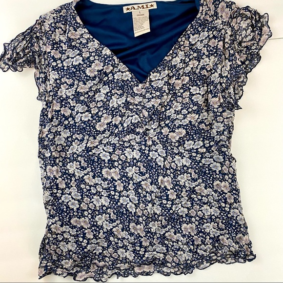 ⭐️A.M.I.⭐️ Women’s Blue Capped Sleave Blouse, Size L - Picture 1 of 8